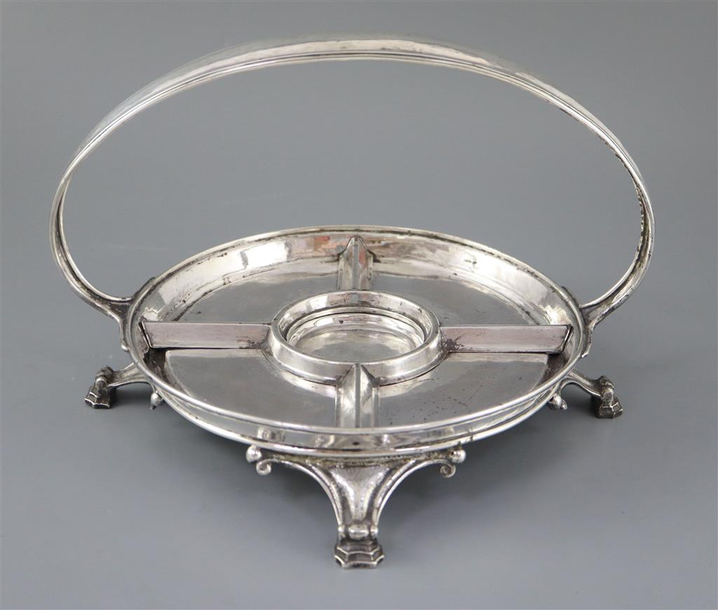 A George V Arts & Craft planished silver hors doeuvres circular dish by Ramsden & Carr,